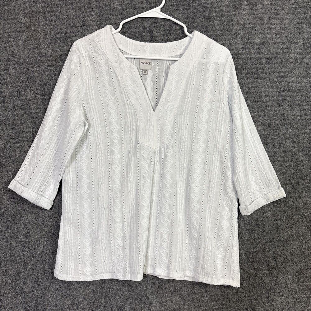 Nic + Zoe Angled Lace Top Blouse  Womens Size M White Artsy Boho